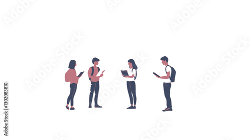The image depicts a digital illustration of five stylized young adults, appearing diverse in ethnicity and gender, standing in a small group against a plain white background. They are