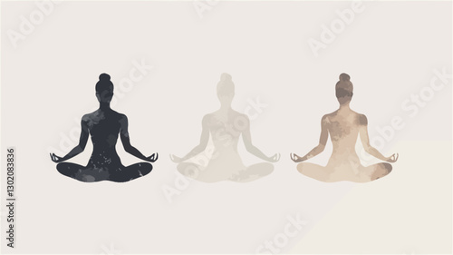 The image shows three stylized figurines depicting a person in a seated yoga or meditation pose.  The figurines are presented in a row against a light grey background.  Each figurine is a