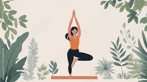 Illustration of a woman performing the tree pose (vrikshasana) yoga asana. The style is flat vector design. The woman is depicted with dark hair and is wearing an orange tank top and black