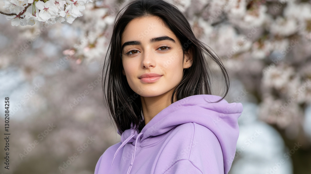 Arabian woman in purple Athleisure enjoy outside activity at cherry blossom park