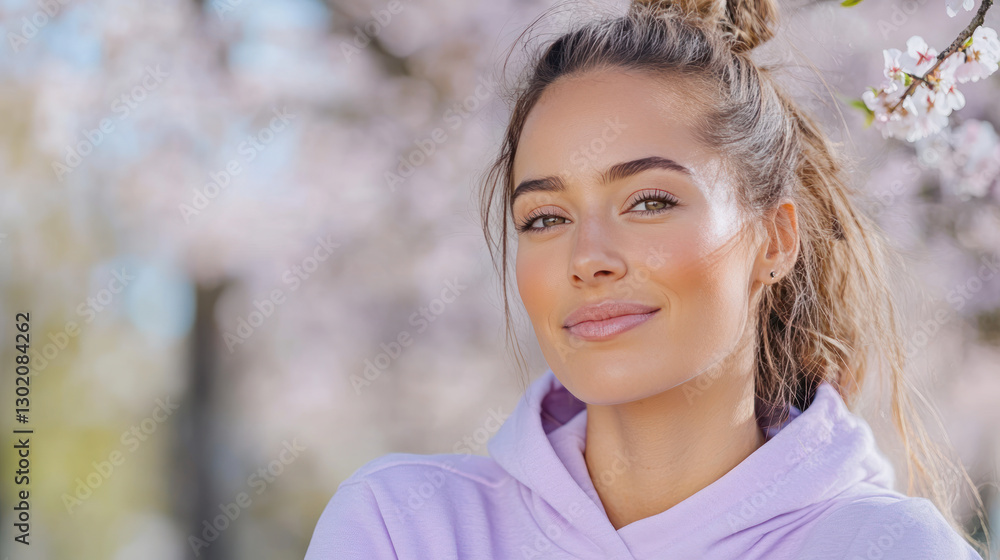 French woman in purple Athleisure enjoy outside activity at cherry blossom park French woman in purple Athleisure enjoy outside activity at cherry blossom park