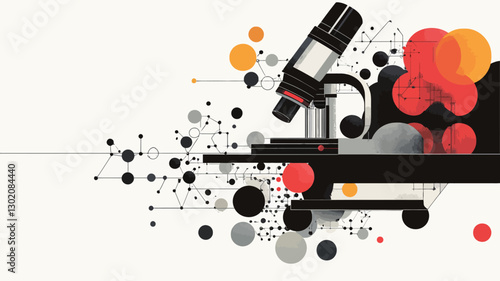 A stylized illustration depicting a black silhouette of a microscope positioned centrally.  The microscope is surrounded by abstract representations of molecules and atoms, rendered in