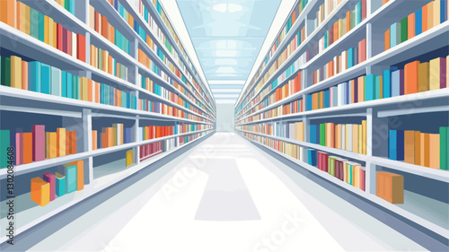 The image depicts a digitally rendered perspective view down a long aisle of bookshelves in a modern library.  The shelves are filled with colorful books, creating a repeating pattern. The