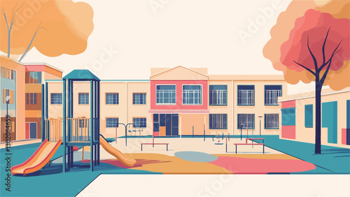 A digital illustration depicting a schoolyard scene. The style is cartoonish and vector-based, using flat colors and simple shapes.  The image showcases a school building with multiple