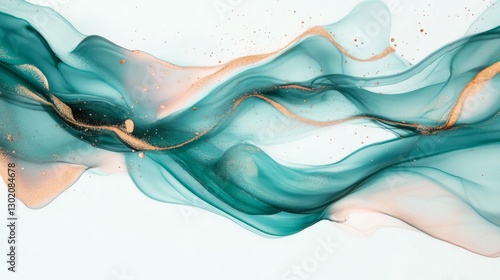 Ethereal waves of deep teal and rose gold alcohol ink floating across pure white background, delicate golden swirls intertwining like silk ribbons, creating translucent layers with organic shapes, photo