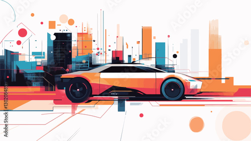 A digital illustration depicting a stylized sports car driving through an abstract cityscape.  The style is bold and graphic, utilizing flat colors and simplified shapes. The cityscape is