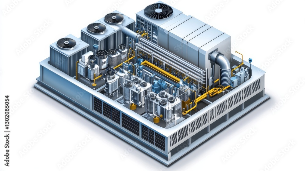 Factory specification isometric view of industrial air conditioning system, showing complete internal component layout, detailed cross-section of heat exchanger coils and fan assemblies, precise Factory specification isometric view of industrial air conditioning system, showing complete internal component layout, detailed cross-section of heat exchanger coils and fan assemblies, precise
