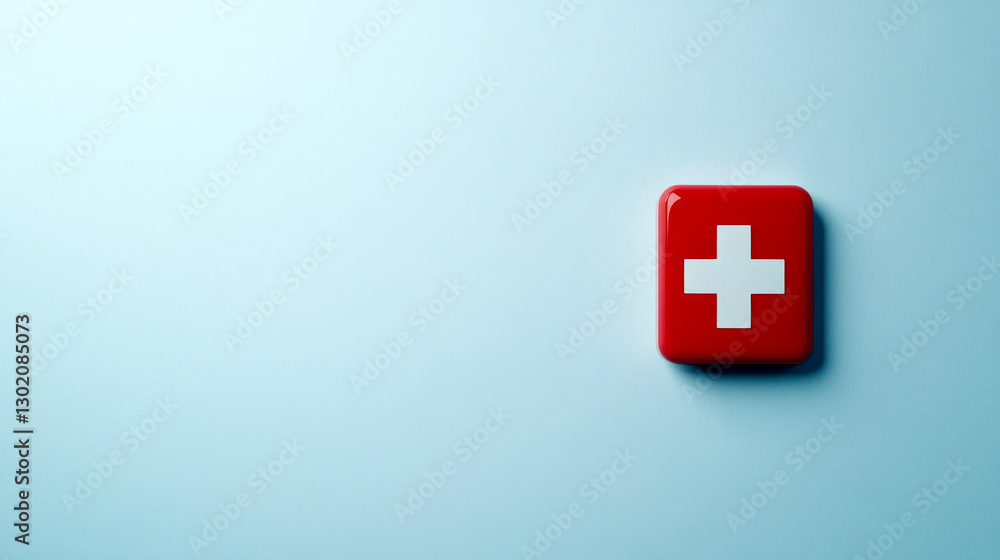 A red button with a white cross, symbolizing health and emergency services, set against a light blue background. A red button with a white cross, symbolizing health and emergency services, set against a light blue background.