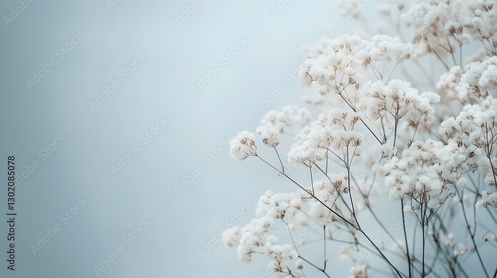 Delicate white flowers with thin stems against a soft blue background Delicate white flowers with thin stems against a soft blue background