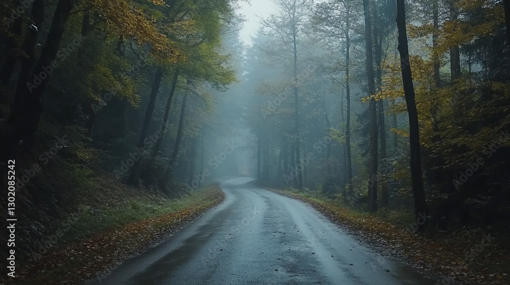 Naklejka premium Misty autumn road winds through a dense forest landscape scenery