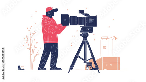 A stylized vector illustration depicts a person wearing a red jacket and cap operating a professional video camera mounted on a tripod. The background is a minimalist depiction of an