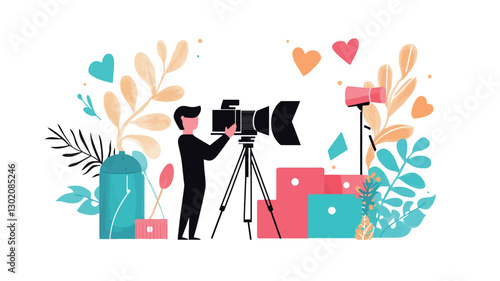 The illustration depicts a simplified, cartoon-style male figure operating a professional-style camera mounted on a tripod.  The camera is large and black, suggesting professional-grade