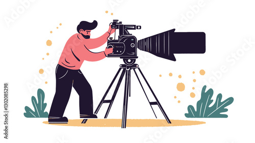 Illustration of a man with a beard, wearing a coral colored sweater and dark pants, adjusting a large vintage-style film camera mounted on a tripod. The style is flat vector illustration