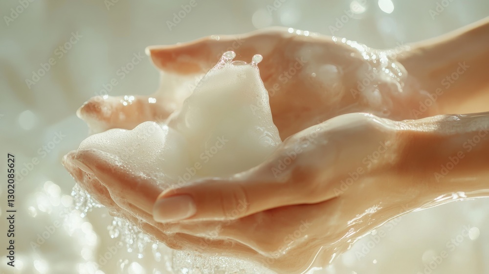 Fototapeta premium Intimate beauty portrait showing graceful hands massaging cloud-like cream onto porcelain skin, dewdrops of hydration capturing light, minimalist spa-like setting, focus on skin texture and product