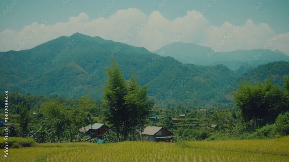 Obraz premium Rural Village Rice Paddy Mountain View