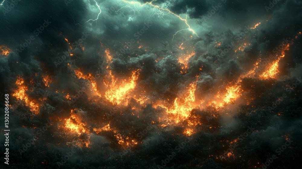 Dramatic Dark Stormy Night Scene with Flames Rising from Ground Illuminating Clouds and Lightning Striking Above Dramatic Dark Stormy Night Scene with Flames Rising from Ground Illuminating Clouds and Lightning Striking Above