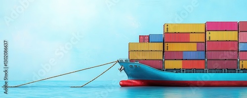 Cargo ship moored with colorful shipping containers against a blue sky and calm water.