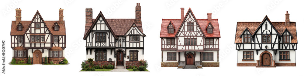 Charming traditional Tudor style houses with timber framing and brick exteriors in a quaint historic English village surrounded by lush countryside