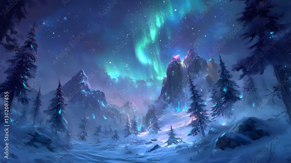 Fototapeta premium Beautiful nighttime scene of a mountain landscape under the aurora borealis