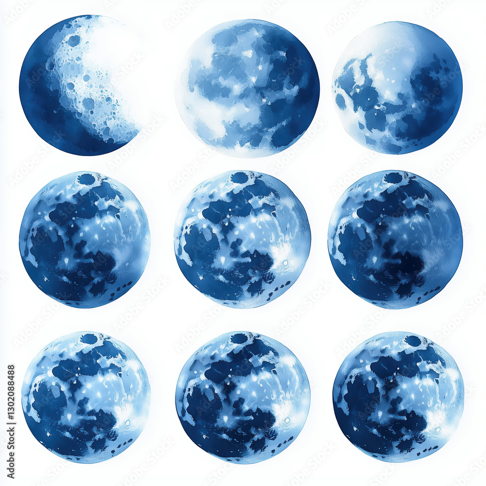 Digital Art Illustration of a Serene Full Moon Night Sky in Blue Tones - Watercolor Inspired Lunar Phases and Celestial Cosmos Design Digital Art Illustration of a Serene Full Moon Night Sky in Blue Tones - Watercolor Inspired Lunar Phases and Celestial Cosmos Design