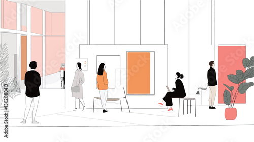 The image is a minimalist vector illustration depicting several stylized figures in a modern art gallery setting.  The figures are simple, lacking detailed features, and rendered in muted