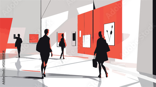 The image is a stylized illustration depicting the interior of an art gallery. The style is minimalist, using mainly silhouettes of people walking through a long hallway lined with red and