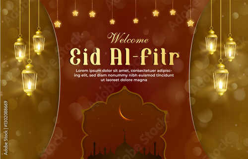 welcome eid al fitr mubarak template banner with beautiful islamic ornament with orange background design 96