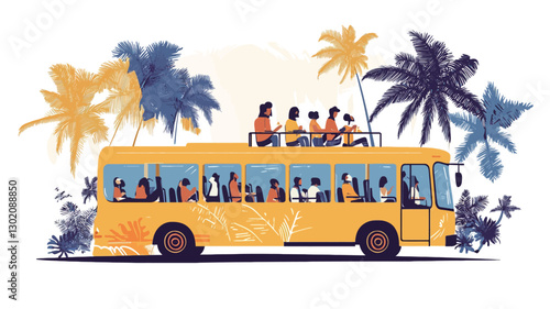 A vector illustration depicting a yellow bus filled with passengers traveling through a tropical landscape. The bus is depicted in a stylized manner, with simplified shapes and flat colors.