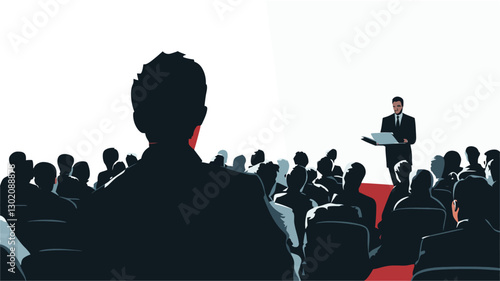 A vector illustration depicting a business conference or seminar. The image shows a speaker standing on a stage, addressing a large audience of silhouetted figures.  The speaker holds what