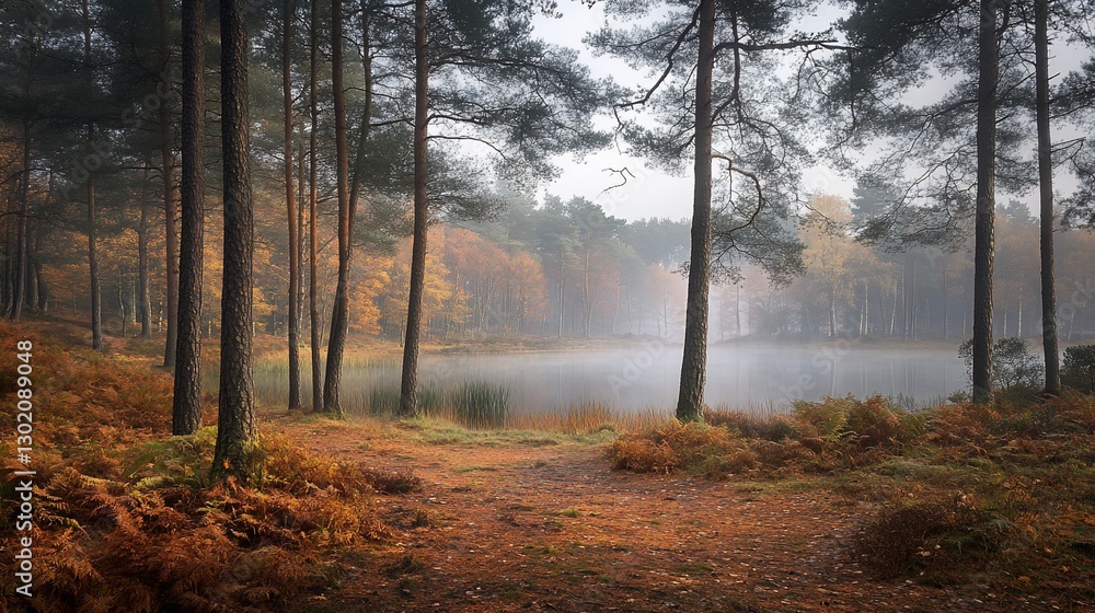 Obraz premium Misty Autumn Forest Lake Path