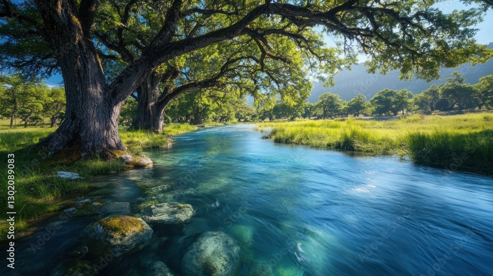 Serene River Landscape: Tranquil Nature Scene with Lush Greenery and Crystal Clear Water Serene River Landscape: Tranquil Nature Scene with Lush Greenery and Crystal Clear Water
