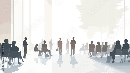 The image shows a collection of dark silhouettes of people of varying sizes and positions within a large, brightly lit interior space.  The space appears to be a modern hallway or large