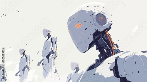 The image is a digital illustration depicting a group of humanoid robots against a bright white, almost featureless background.  The robots are primarily white with subtle textural