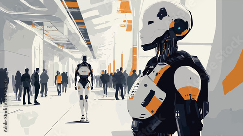 The image is a digital illustration depicting a humanoid robot standing in a large, brightly lit space. The robot is predominantly white and dark gray/black with orange accents, its design