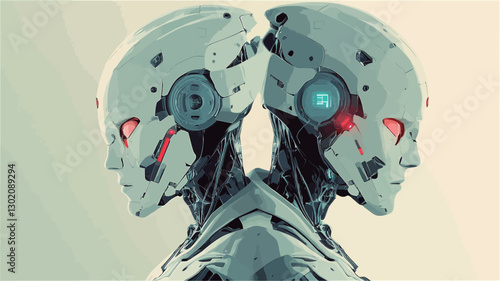 A digital illustration depicting two robotic heads, seemingly joined back-to-back, facing opposite directions. The robots share a similar design, featuring a predominantly light grey and