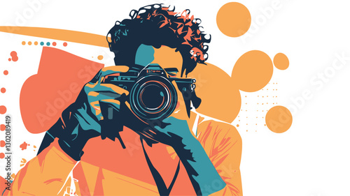 A stylized illustration of a person with curly hair holding a camera to their eye. The illustration style is bold and graphic with flat color blocks in shades of orange, yellow, teal, and