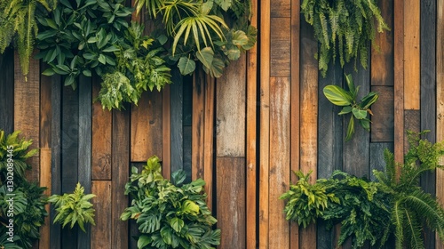 Lush Green Plants on Rustic Brown Wooden Wall