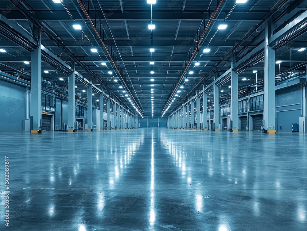 Modern Energy Efficient LED Lighting in an Illuminated Factory Interior Space with Reflective Floors and High Ceilings Modern Energy Efficient LED Lighting in an Illuminated Factory Interior Space with Reflective Floors and High Ceilings