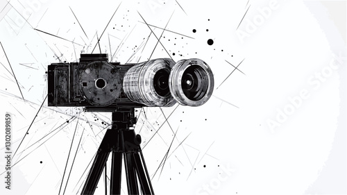 The image presents a stylized black and white illustration or digital rendering of a camera mounted on a tripod. The camera has a dual-lens system, appearing somewhat antiquated or