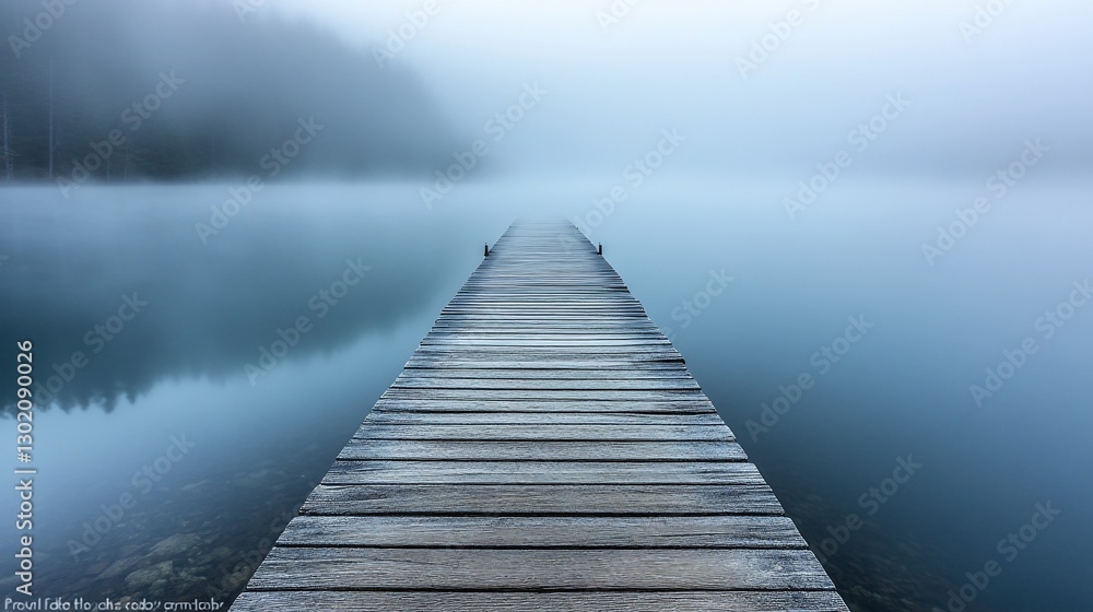Fototapeta premium Misty lake pier, serene morning fog
