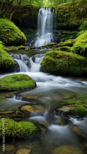 A crystal-clear waterfall cascading over moss-covered rocks, surrounded by lush green foliage.