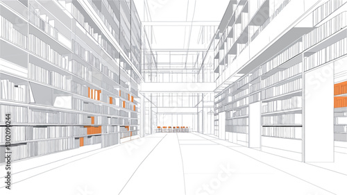 The image is a digital rendering depicting a large, open interior space.  The dominant features are extensive rows of shelving units that line the walls, creating a sense of depth and