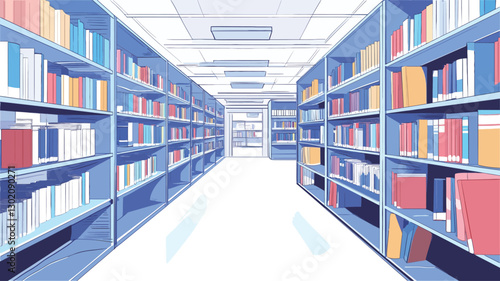 The image is a digital illustration depicting the interior of a large library. The perspective is a long shot down a central aisle, showing rows of tall bookshelves filled with various