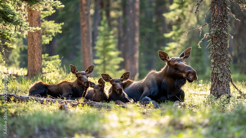 Moose Cow and Calves Resting in Forest Sunlight Moose Cow and Calves Resting in Forest Sunlight