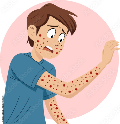 Illustration of a young man. He looks stressed and has several irritated red spots scattered all over his body on his arms.