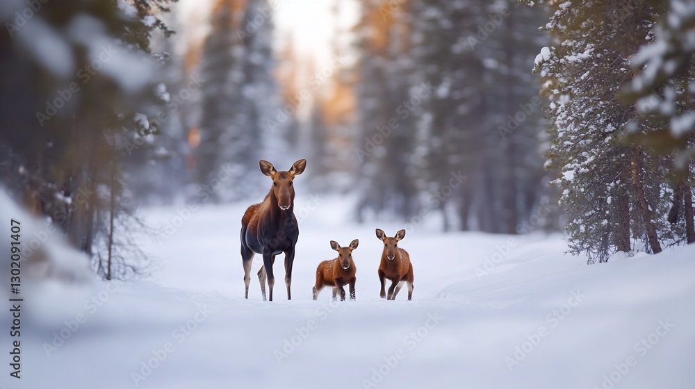 Moose Family Walking Snowy Winter Forest Path Moose Family Walking Snowy Winter Forest Path