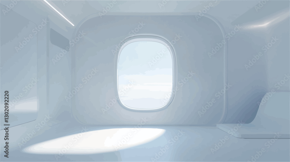 The image showcases a digitally rendered interior space. The room is entirely white, featuring smooth, curved walls and a large oval window that dominates one wall. The window shows a The image showcases a digitally rendered interior space. The room is entirely white, featuring smooth, curved walls and a large oval window that dominates one wall. The window shows a