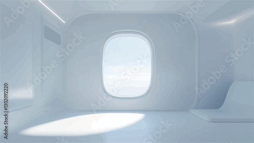 The image showcases a digitally rendered interior space.  The room is entirely white, featuring smooth, curved walls and a large oval window that dominates one wall.  The window shows a