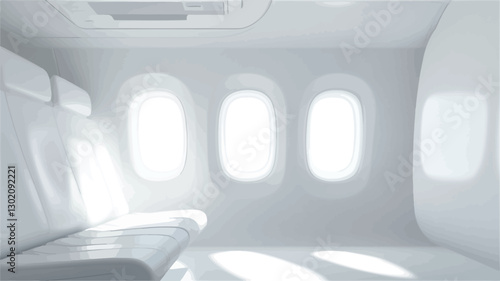 The image shows a minimalist, brightly lit interior of an airplane cabin.  The walls, seats, and overhead compartment are all white. Three oval windows are visible, showing bright, blurred