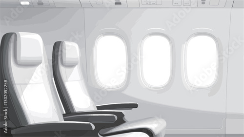 Monochrome photograph depicting the interior of an airplane cabin.  The image shows two empty passenger seats with headrests, armrests, and a portion of the overhead compartment visible.